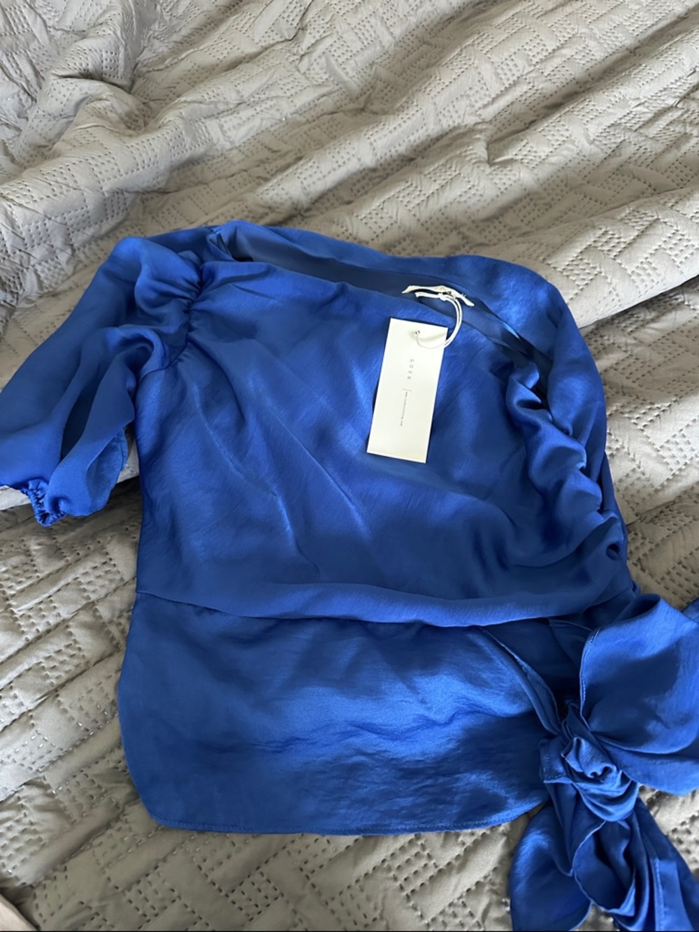 Lush Royal Blue Satin Tie-Hem Blouse one shoulder size small